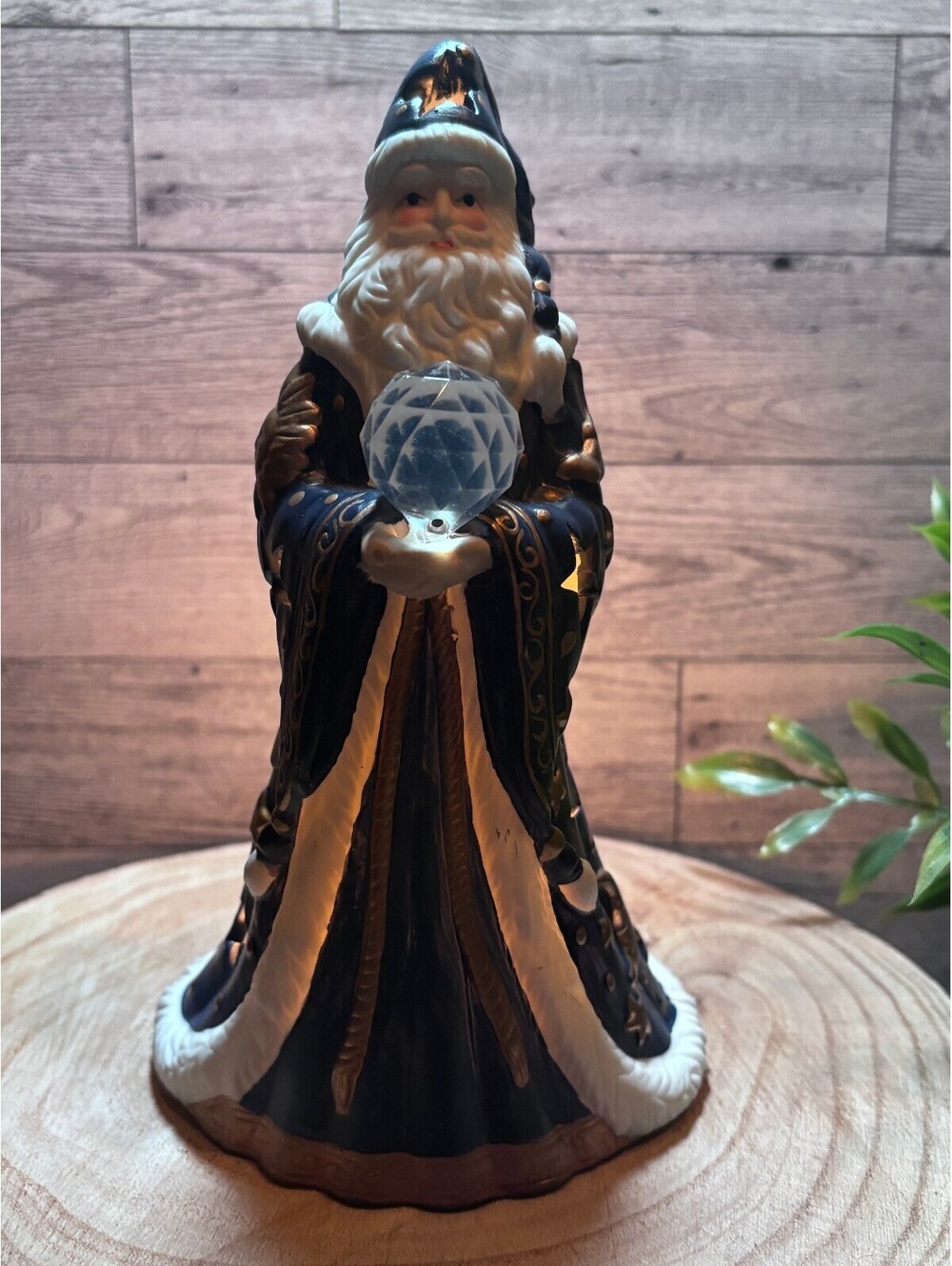 Vintage Hand Painted Ceramic Old World Blue Celestial Santa Claus Crystal Orb